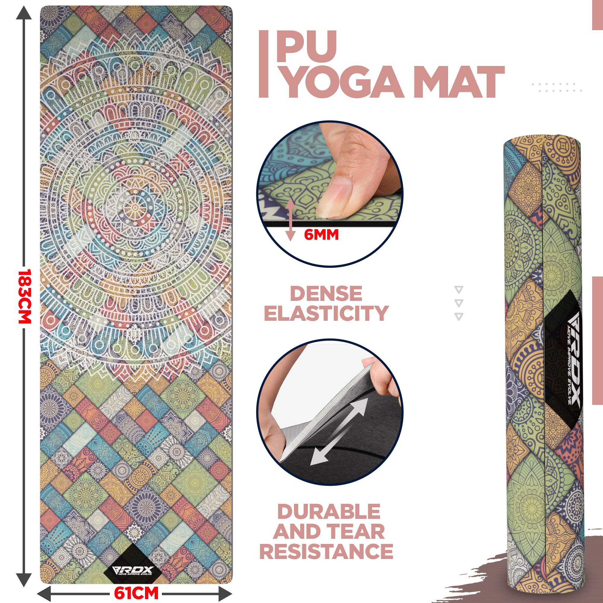 rdx-yogamatte-pu-6mm-rutschfest-183x61cm-naturkautschuk-mit-tragetasche-und-bung image 2